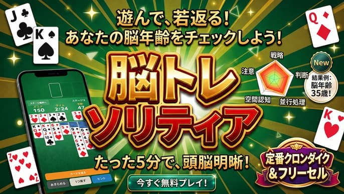 脳トレソリティアのゲーム画面と、戦略・判断・注意・空間認知・並行処理の5軸レーダーチャート