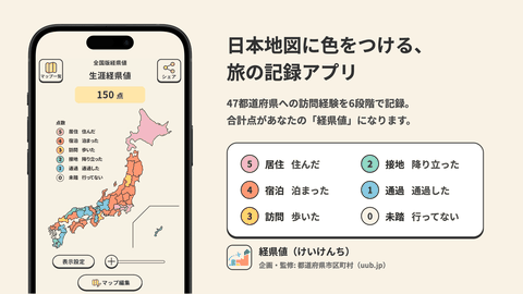 経県値のマップ画面。47都道府県を居住・宿泊・訪問・接地・通過・未踏の6段階で色分けして記録する